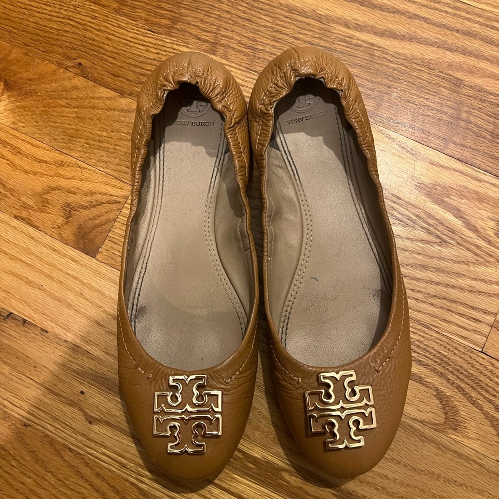Tory Burch Brown Leather Flats with Gold Logo